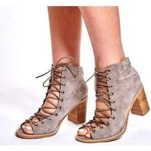 Jeffrey Campbell Cors Lace Up Bootie Sandal Gray Suede Corset Block Heel…